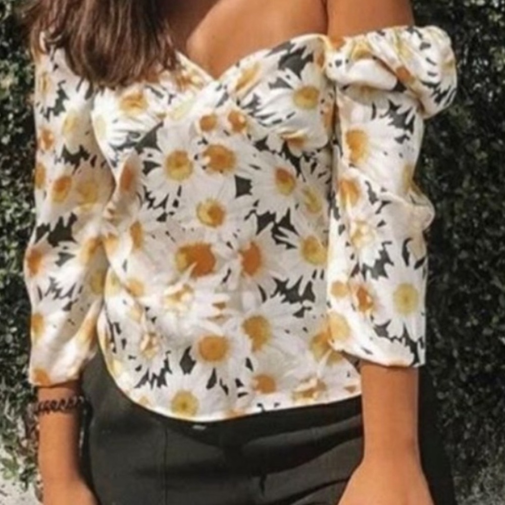 Zara Daisy Floral Print Puff Sleeve Top Shirt XS